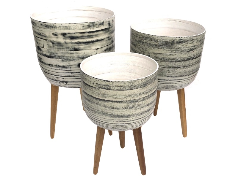 Premium Round Bamboo Planters with Removable Wooden Legs - Set of 3 Eco-Friendly Flower Pots